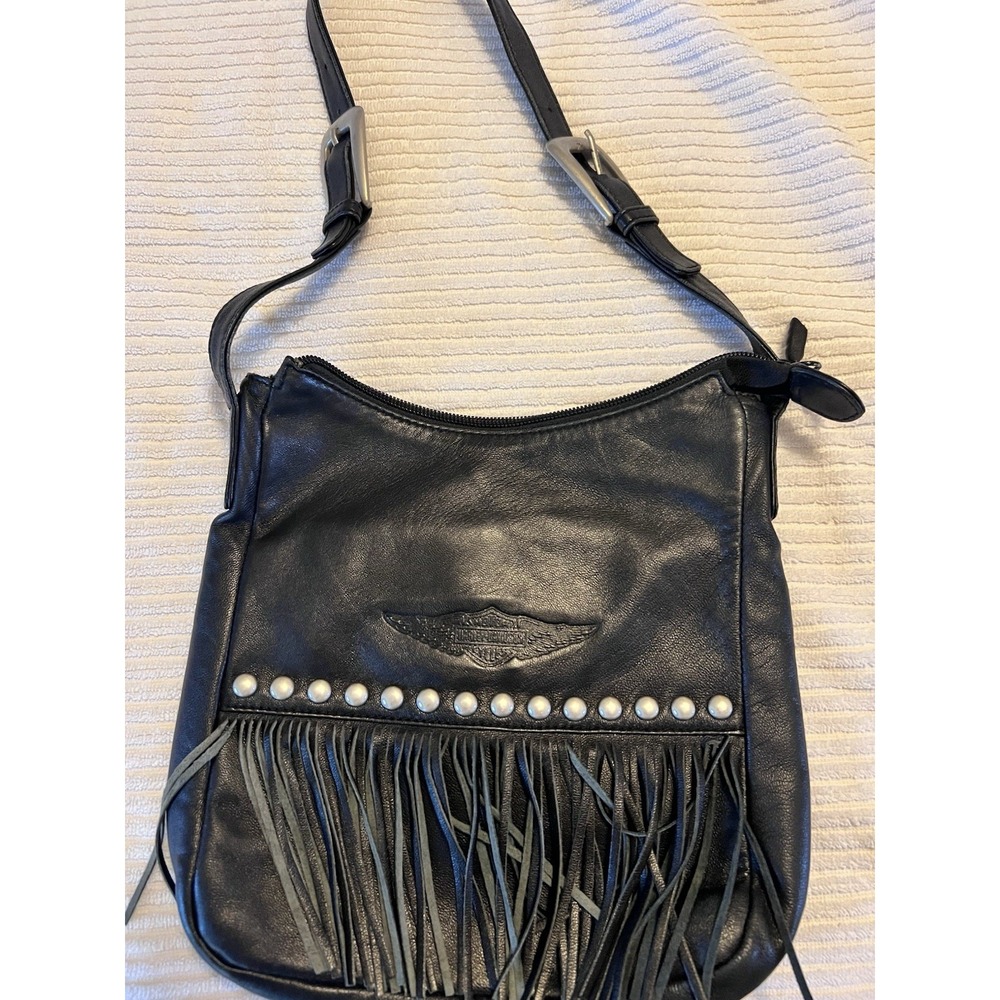 Vintage Harley Davidson Genuine Leather Black Fringe Studded Crossbody Bag Purse